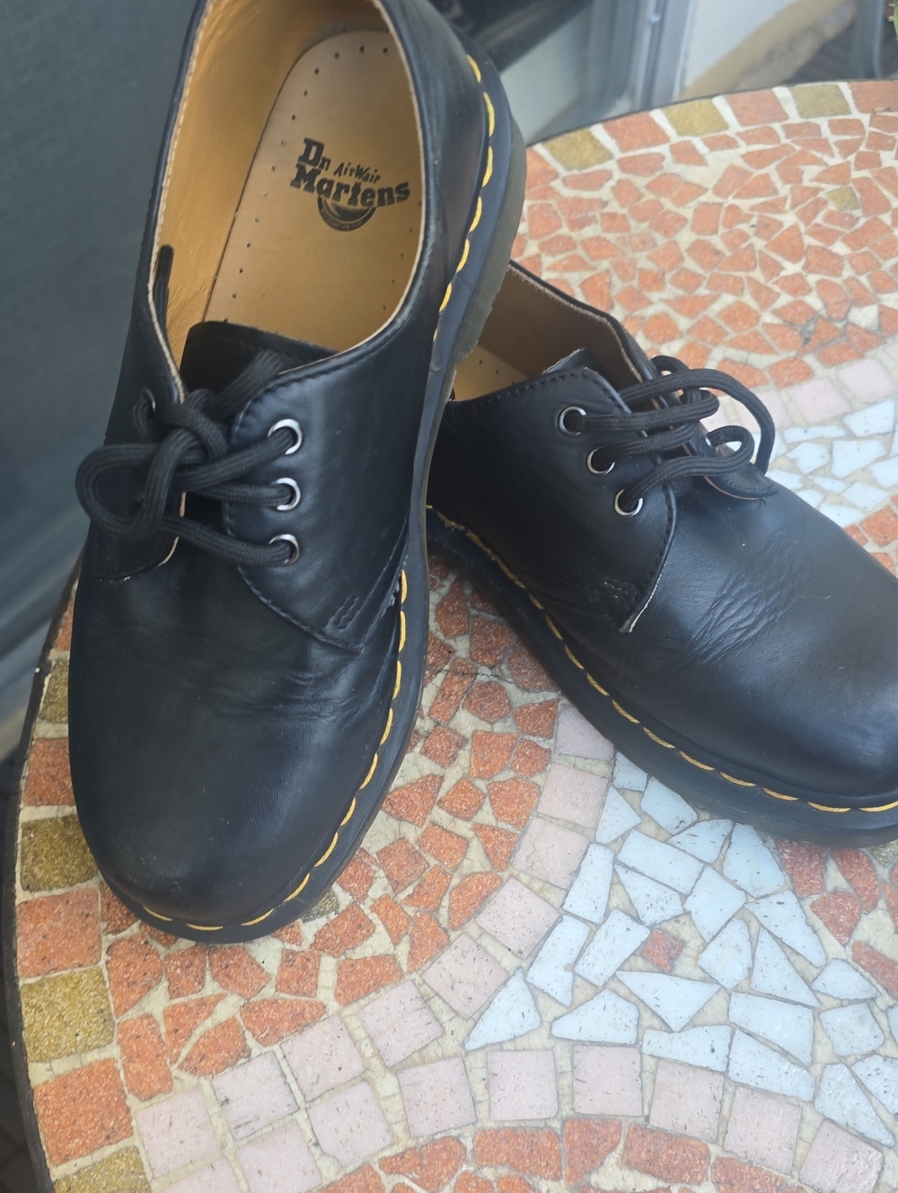 Dr. Martens Black Leather 3-Eye Derby with Yellow Welt Stitch